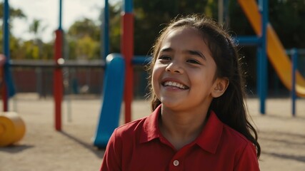 kid hispanic female in red shirt on playground model portrait giggling for ad concept space for text