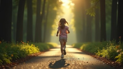 Fototapeta premium a child runs along a path in the forest