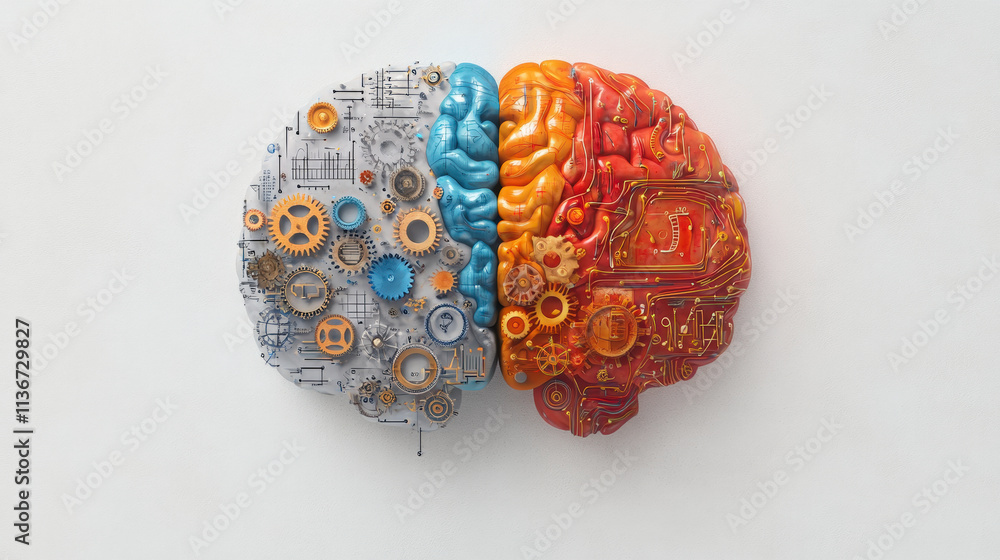 Poster a creative depiction of a brain split into mechanical gears on the left and electronic circuits on t