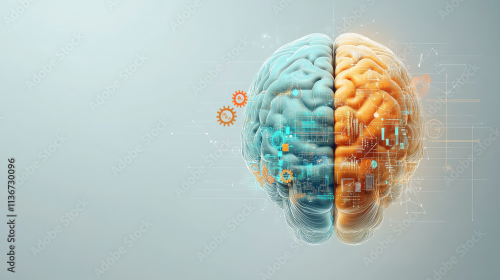 Poster an artistic depiction of a brain, split into blue and orange halves, with digital and mechanical ele