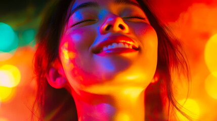 Fototapeta premium Smiling young woman enjoying colorful lights at a lively celebration in an urban setting at night