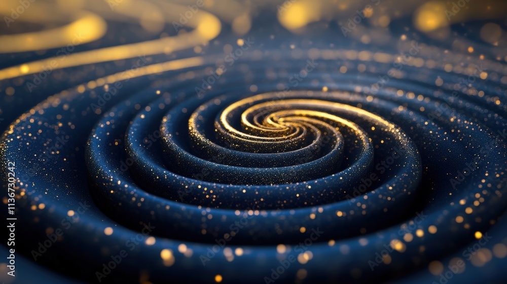 Poster abstract golden spiral pattern with glittering particles on a dark background, creating a mesmerizin