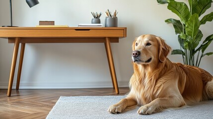 Golden retriever lying on light gray rug in warm home office