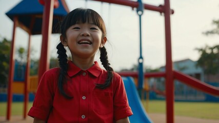 kid asian female in red shirt on playground model portrait giggling for ad concept space for text