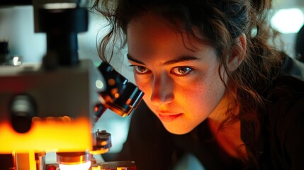 A female scientist adjusting a microscope, focused expression, cool lighting, advanced lab setting,