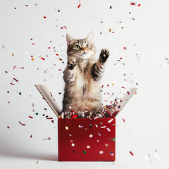 cat jumping out of gift box 