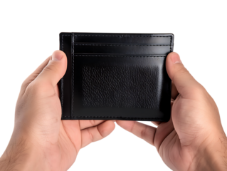 Male Hands Holding an Empty Black Wallet, Isolated on a Transparent Background, Perfect for Finance, Personal, or Lifestyle-Themed Designs