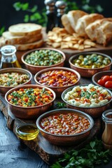 Fototapeta premium Diverse array of Mediterranean dips and appetizers on rustic wooden serving board