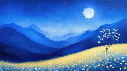 Moonlit Spring Night Illuminating Blooming Fields and Distant Mountains in a Serene Landscape