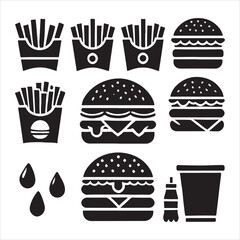 Stylish Black Silhouette Hamburger and Fries Icons Set for Branding . Collection of Fast Food items