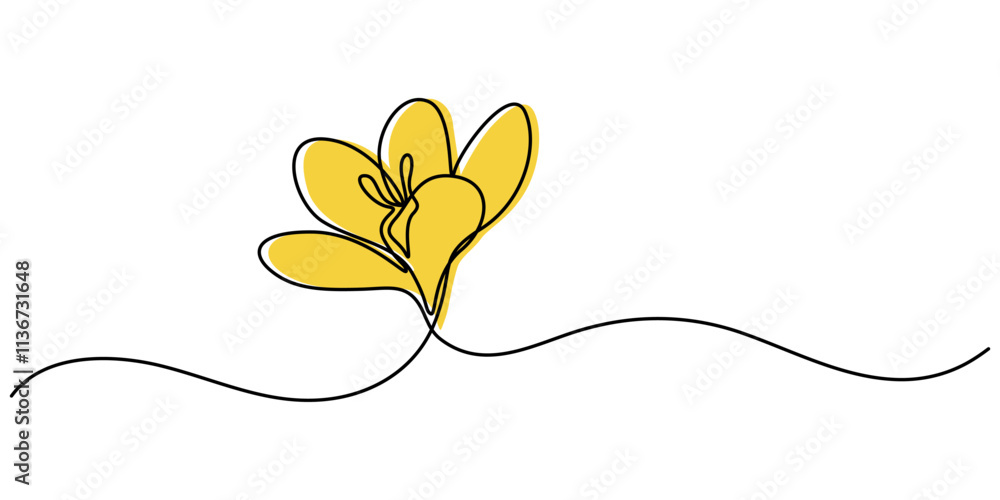 Poster spring crocus flower in continuous line art drawing style. minimalist black linear sketch isolated o
