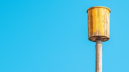 A wooden pole with a blue sky in the background