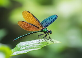 A vibrant dragonfly rests on a green leaf, showcasing its delicate wings