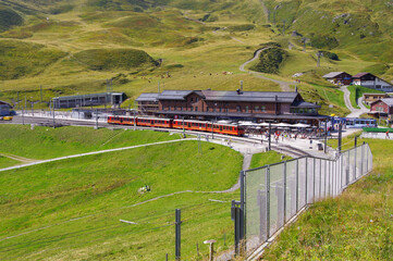 Mountain railway in Switzerland, railway tracks.