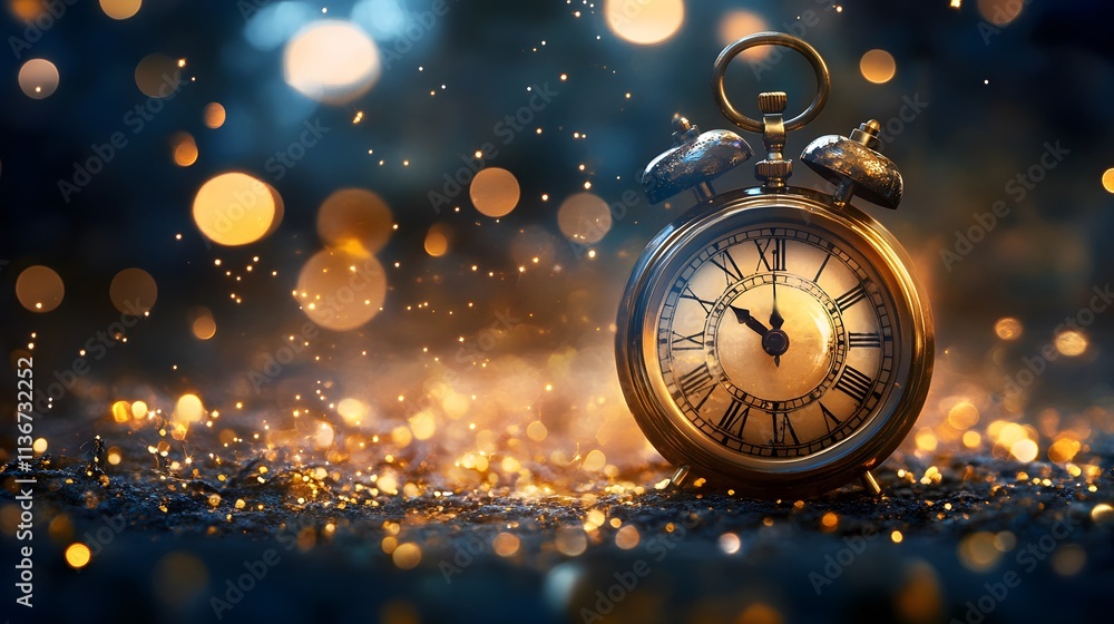 Poster vintage alarm clock surrounded by sparkling lights and bokeh effect capturing the essence of time, n
