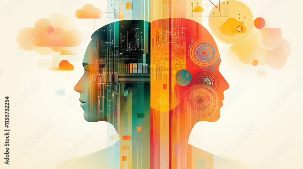 Poster two abstract human profiles back-to-back, illustrating the concepts of technology versus nature thro