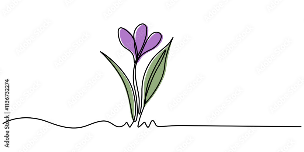 Poster Spring crocus flower in continuous line art drawing style. Minimalist black linear sketch isolated on white background. Vector illustration, Spring crocus flower in continuous line art drawing style.