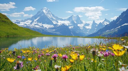 Obraz premium A breathtaking alpine meadow with wildflowers in the foreground, a crystal-clear lake, and towering snow-capped peaks, vibrant and serene