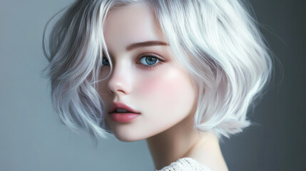 Naklejka premium Young woman with short silver hair gazing thoughtfully, showcasing natural beauty and serene expression