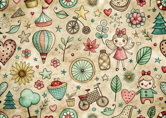 Whimsical Doodle Vintage Photo: Quirky Hand-Drawn Patterns, Retro Style