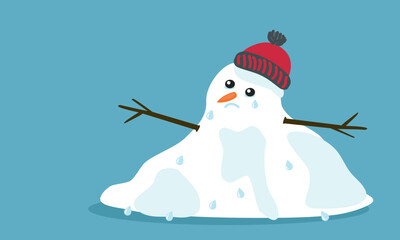Cuite sad melting snowman with red cap and tears in flat cartoon style, isolated on blue green background. Vector EPS 10 illustration. End of winter and frost, arrival of spring concept