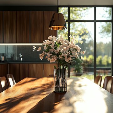 A vase of flowers sits on a wooden table in a kitchen