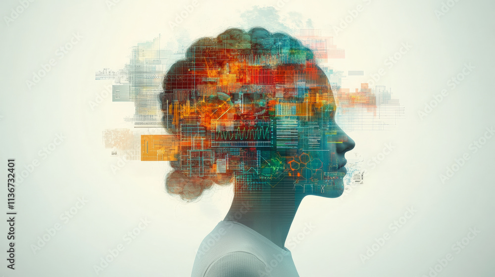 Poster a human silhouette with a multicolored digital brain composed of data and circuit diagrams, symboliz