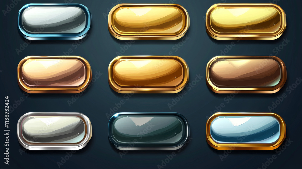 Poster golden, silver and bronze game buttons with text. vector cartoon set of gui elements, menu banners w