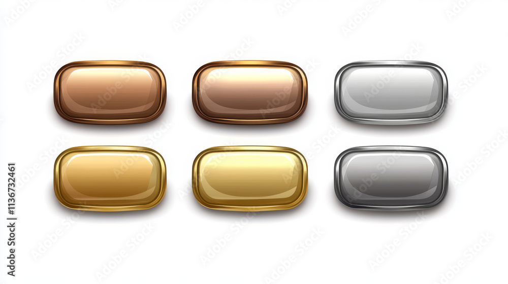 Poster golden, silver and bronze game buttons with text. vector cartoon set of gui elements, menu banners w