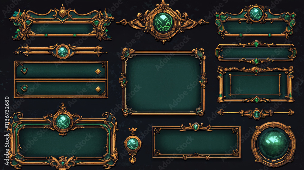 Poster game ui frames, green medieval borders with gold rims. interface menu elements, buttons, banners or 