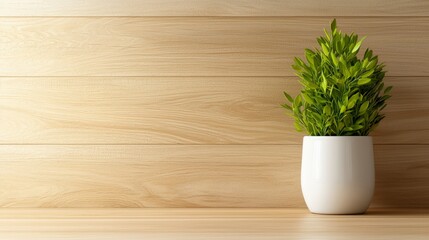 A white vase with a green plant in it on a wooden table