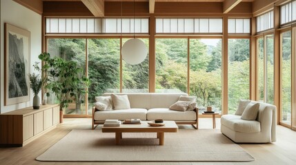 Fototapeta premium Modern minimalist living room with large windows, wooden floors, and comfortable off-white sofas.
