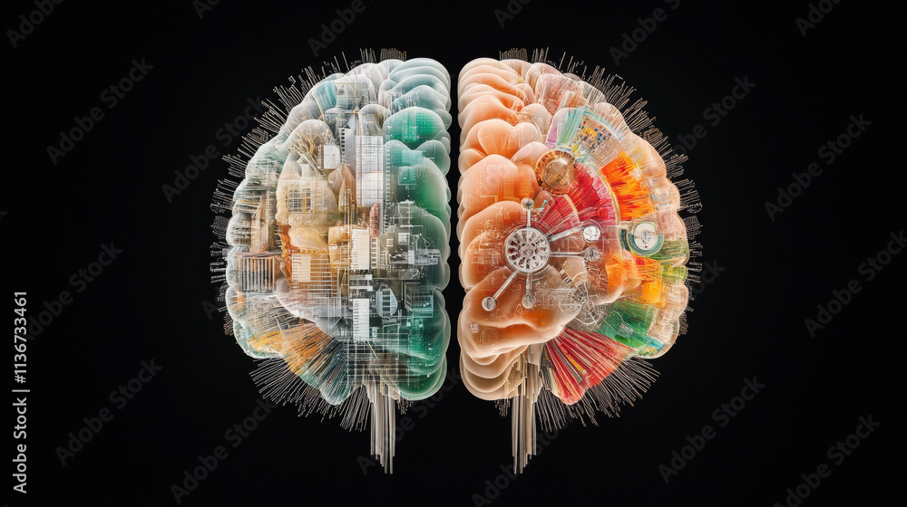 Poster a digital illustration of a human brain, showcasing interconnected circuits and networks, symbolizin