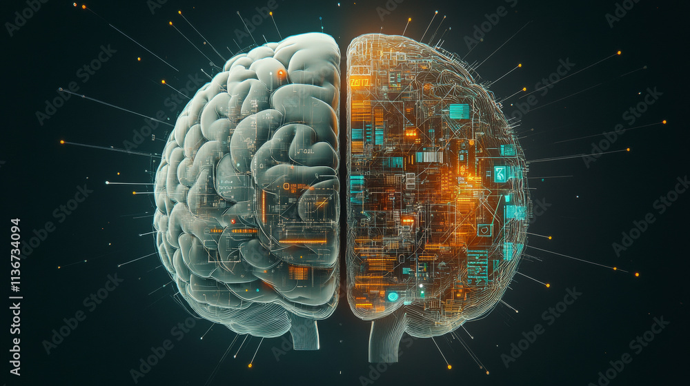 Poster a digital and biological brain illustration, depicting the fusion of organic thought processes with 
