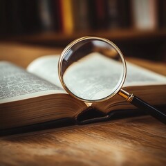 Magnifying Glass on Opened Book on Desk for Examination and Discovery