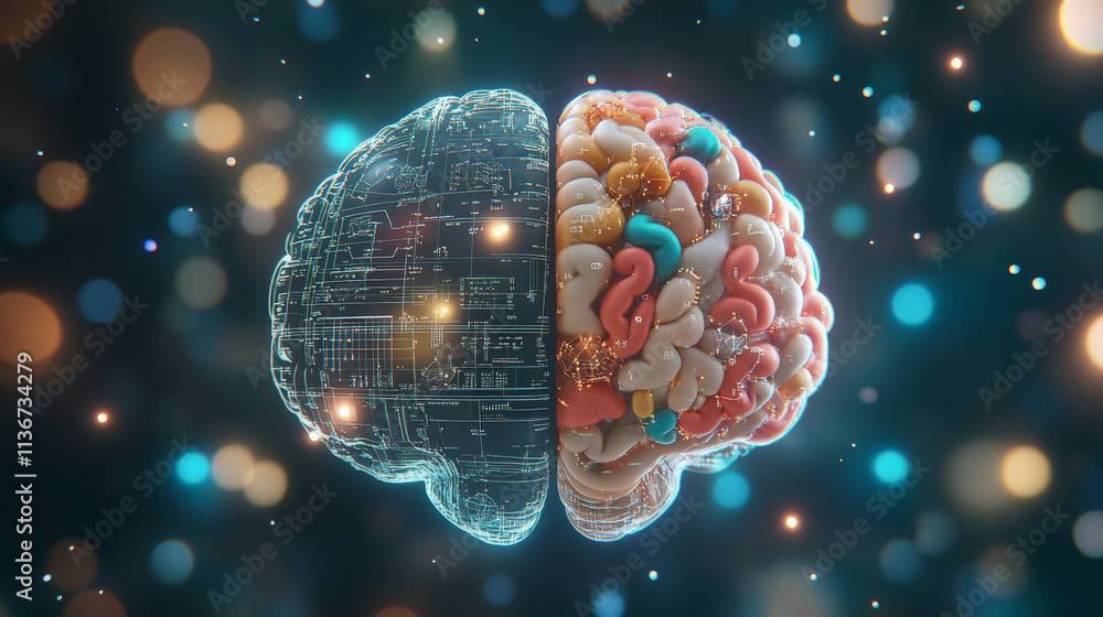 Poster a digital and biological brain side-by-side, symbolizing the intersection of technology and neurosci
