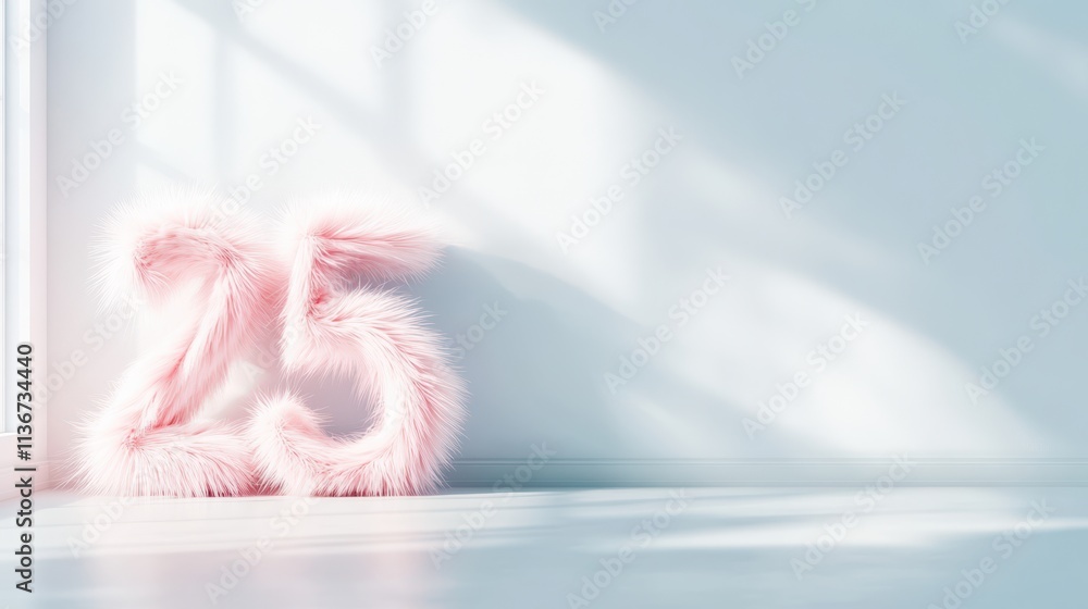 Poster Fluffy Light Pink Number Figure Adding Charm to a Serene Gray Background in a Softly Lit Space
