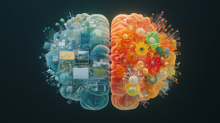 A digital artwork depicting a brain, with one side showcasing technology and the other vibrant flowers, symbolizing the balance between logic and creativity.