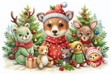 Whimsical Watercolor Baby Teddy Bear in Adorable Christmas Attire Surrounded by Woodland Animals for Festive Clipart Design