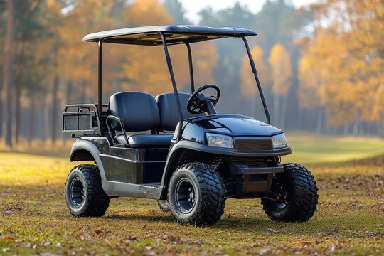 A black golf cart sits idle on a golf course framed by vibrant autumn foliage