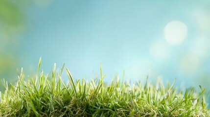 a close up of a green grass field with a blue sky in the background