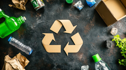 Recycling symbols and various materials arranged on a dark surface to promote environmental awareness and waste reduction