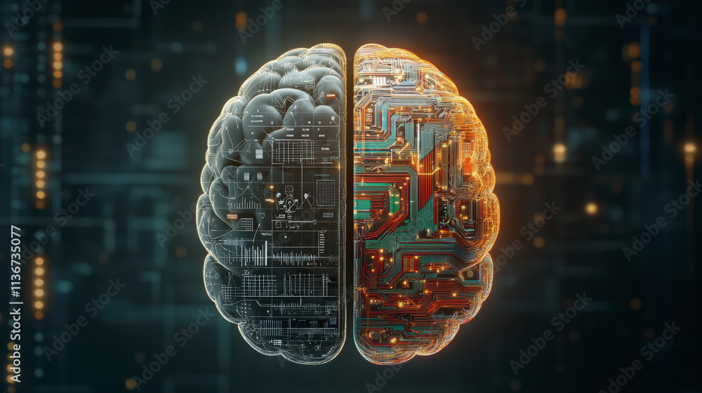 Poster a digital and organic brain merge, symbolizing the integration of human intelligence with advanced t