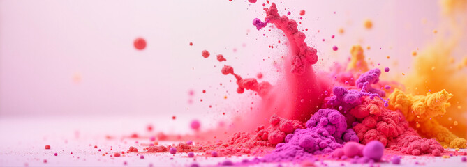 Pink and yellow Holi powder splash on a soft pastel background