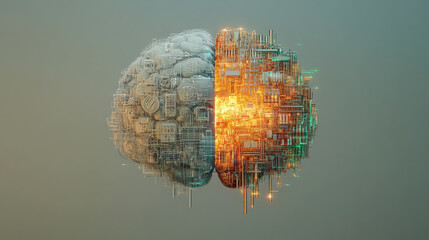A brain split into two halves: one biological, resembling a traditional brain, and the other mechanical, filled with glowing circuitry and wires.