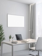 Obraz premium Sleek and Functional Office Space with Centered Photo Frame and Abundance of Natural Light