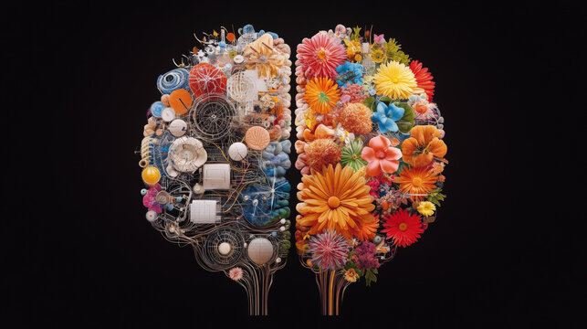 A creative illustration of a brain: left side mechanical and organized; right side vibrant, colorful, and floral, symbolizing logic and creativity.