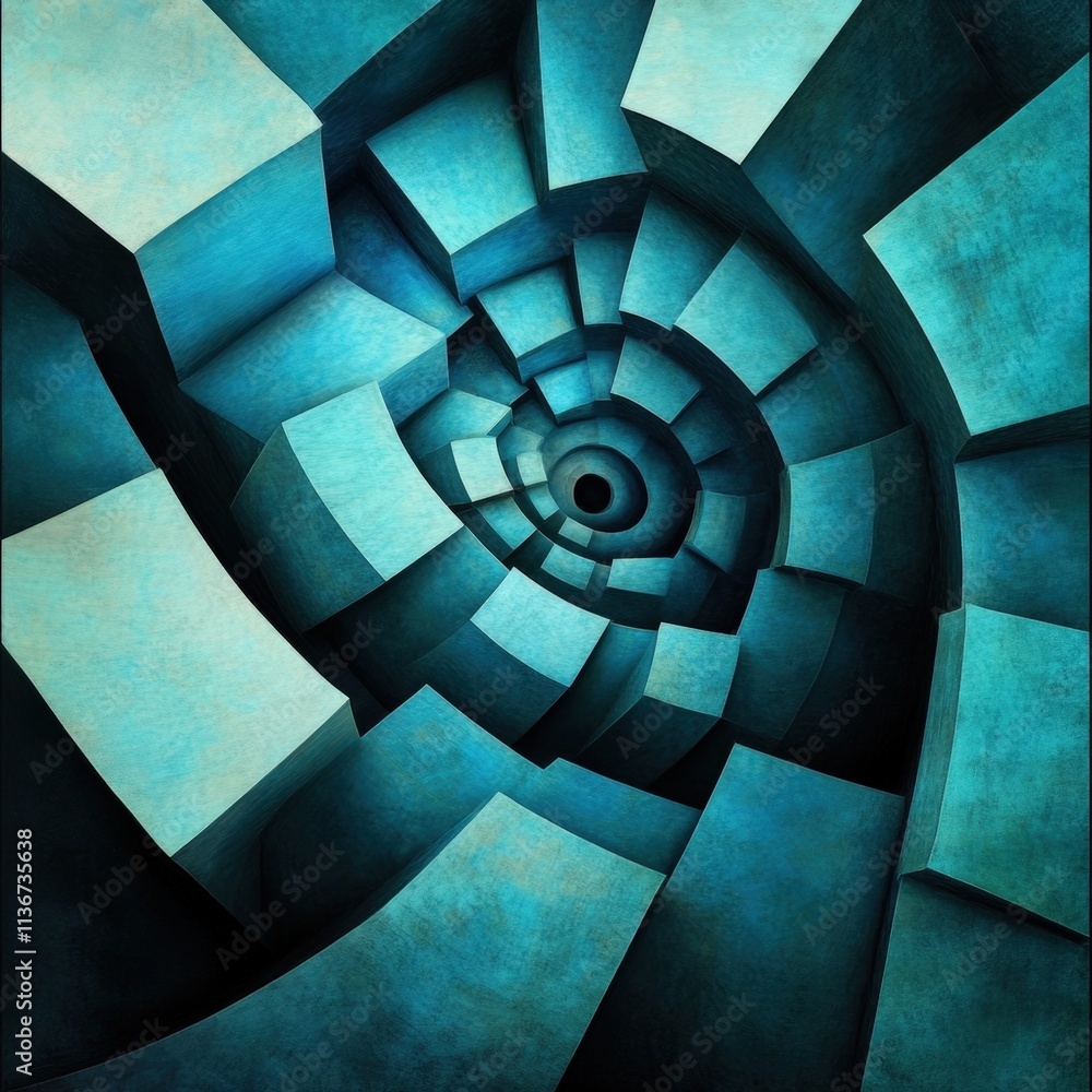Poster abstract geometric spiral pattern in shades of blue, creating a hypnotic and dynamic visual effect. 