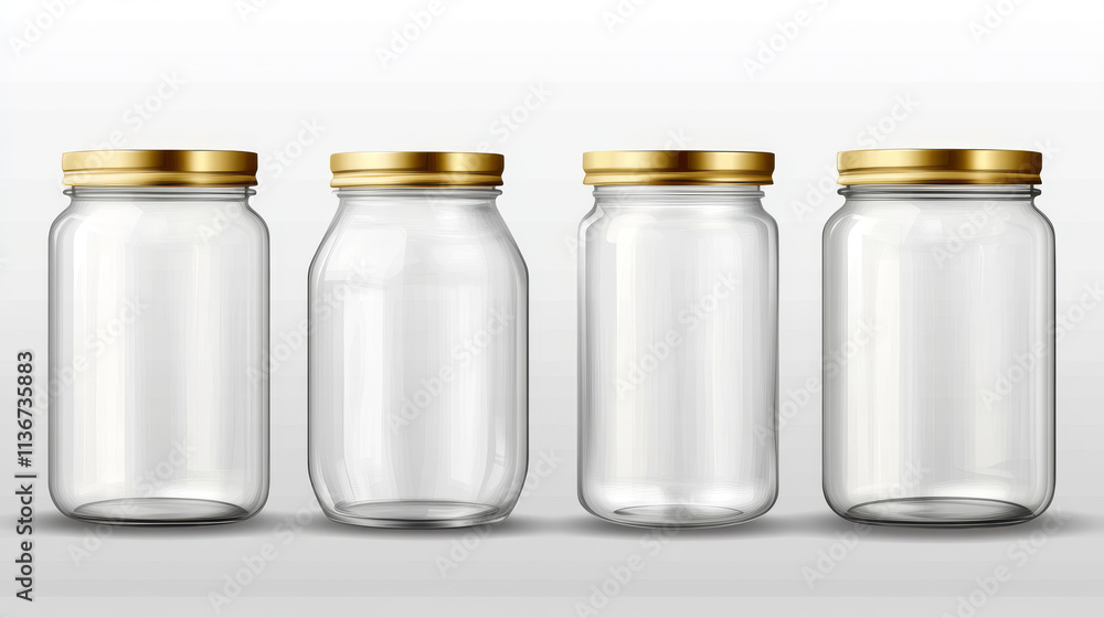 Aufkleber empty glass jars different shapes with gold lids isolated on transparent background. vector realisti