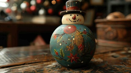 A decorative snowman figurine with floral patterns, set against a cozy background.